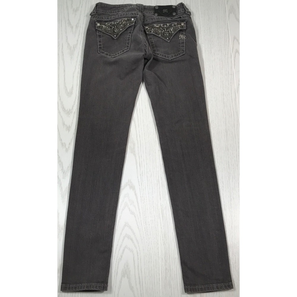 Miss Me Skinny Jeans Women 27 Gray Embellished Botton Flap Pockets Low Rise